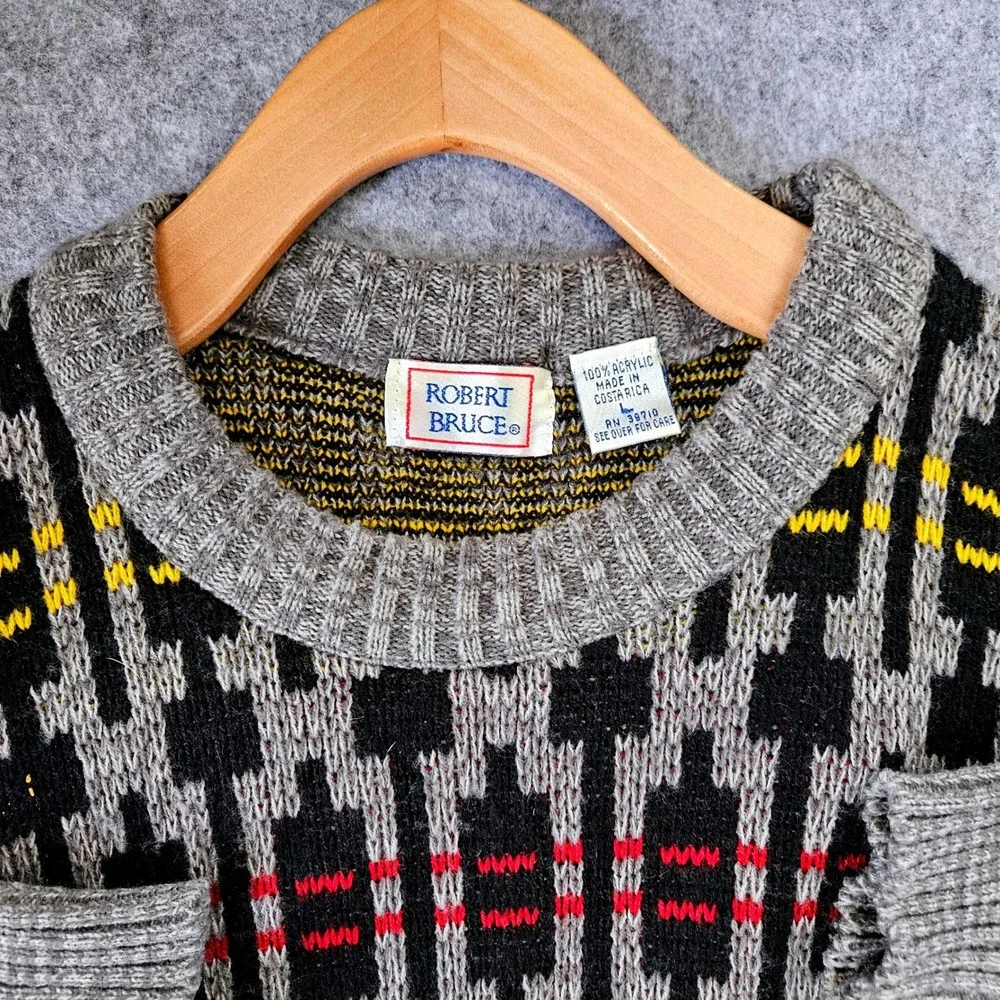 Vintage Robert Bruce Mens Large Geometric Intarsia Knit Crewneck Sweater Grey